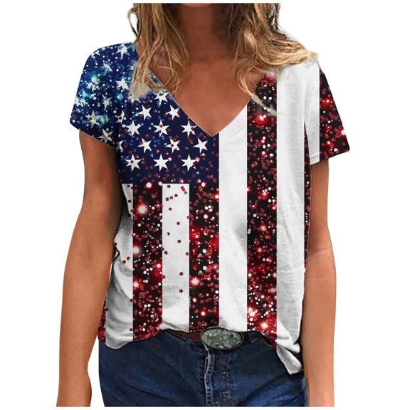 ChaoHeng Blouses for Women $5 Print Tops for Women Independence Day Women's Top Short Sleeved Fashionable Printed V-Neck Short Sleeved T-Shirt
