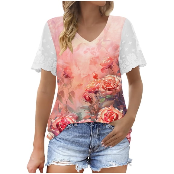 ChaoHeng Blouses for Women Plus Size Summer Blouses Plus Size Fashion Woman Casual V-Neck Vintage Solid Mesh Blouse Short Sleeve T-Shirt Summer