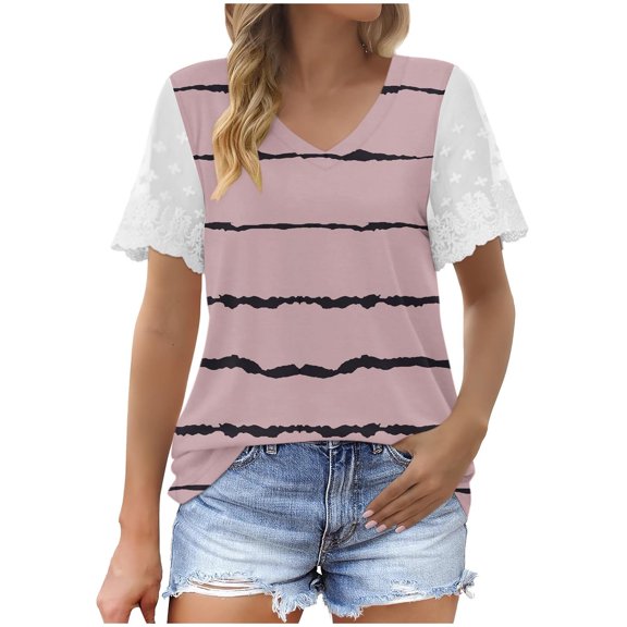 ChaoHeng Blouses for Women Plus Size Summer Blouses and Tops Fashion Woman Casual V-Neck Vintage Solid Mesh Blouse Short Sleeve T-Shirt Summer