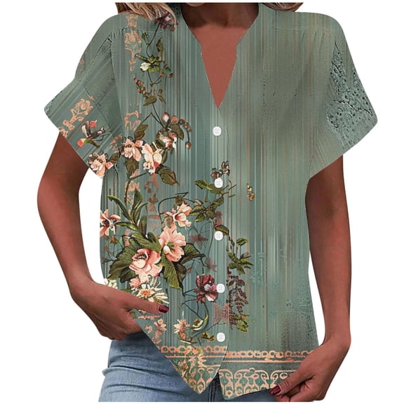 ChaoHeng Blouses for Women Short Sleeve Plus Size Summer Tops Short Sleeve Womens Tops Fashion Women's Short Sleeved Solid Color Spring/summer Button Up Shirt Top