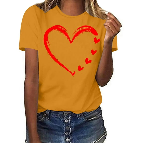 ChaoHeng Blouses for Women Short Sleeve Summer Blouses and Tops Ladies' Valentine's Day Love Printed Round Neck Short Sleeved T-Shirt Loose Casual Top