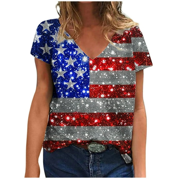 ChaoHeng Blouses for Women $5 New & Trending Independence Day Women's Top Short Sleeved Fashionable Printed V-Neck Short Sleeved T-Shirt