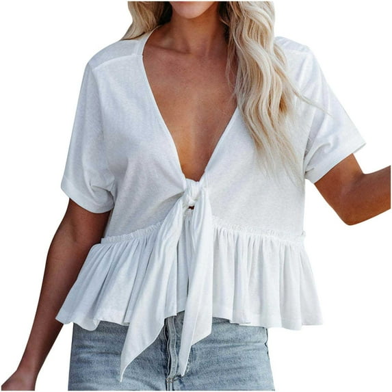 ChaoHeng Blouses for Women Plus Size Summer Blouses Women's Solid Color Short Sleeve V Neck Blouses Ruffle Hem Tie Front Crop Summer Tops