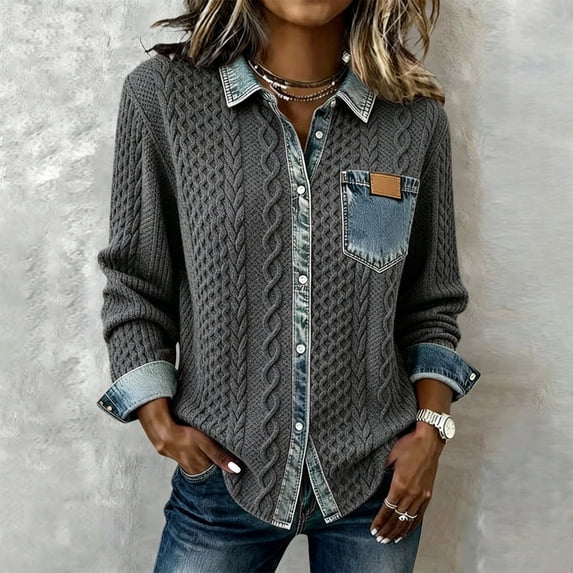 ChaoHeng Cardigan for Women Trendy Denim Patchwork Lapel Solid Versatile Fall Winter Layering Shirt Jacket Dark Gray XXL
