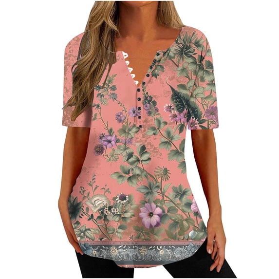 ChaoHeng Casual Blouses on Summer T-Shirts for Women Women's Summer V-Neck Print Casual Loose Top Short Sleeve V-Neck Button Blouses Tops