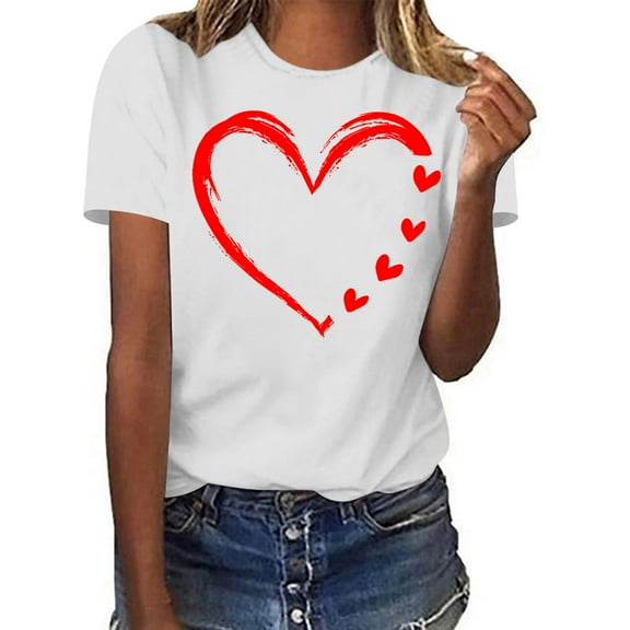 ChaoHeng Casual Blouses for Women Womens Summer T-Shirts Ladies' Valentine's Day Love Printed Round Neck Short Sleeved T-Shirt Loose Casual Top