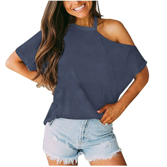 ChaoHeng Casual Blouses for Women Summer Plus Size Women Tops Short Sleeve Women Fashion Round Neck Strapless Solid T-shirt Tops Short Sleeve Loose Blouse