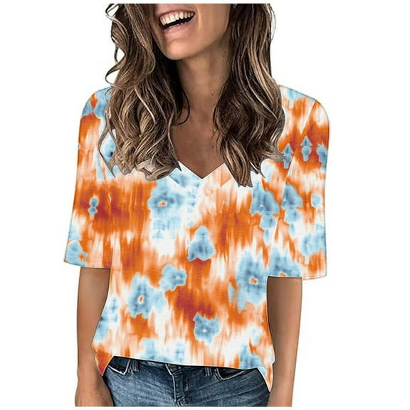 ChaoHeng Casual Blouses for Women Trendy Blouse for Women 2025 2025 Women's Fashion Tees Casual V-Neck Loose Cute T Shirt 1/2 Sleeve Ladies Top