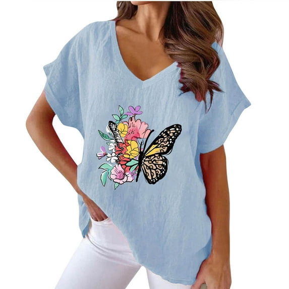 ChaoHeng Casual Blouses for Women Deals Women Plus Size Summer Tops Women V-neck Print T- Fashion Comfortable Female Blouses