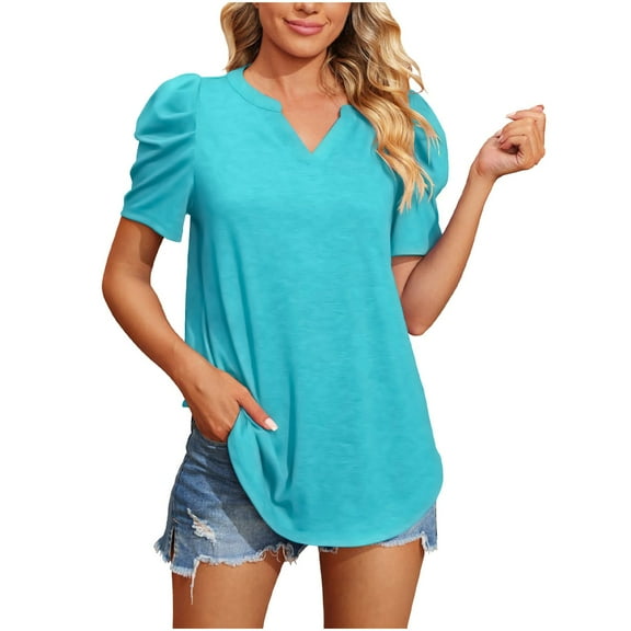 ChaoHeng Casual Blouses for Women Summer Trendy Blouse Plus Size Women Casual V-Neck Short Sleeve T- Solid Puff Sleeve Summer Blouses Tops