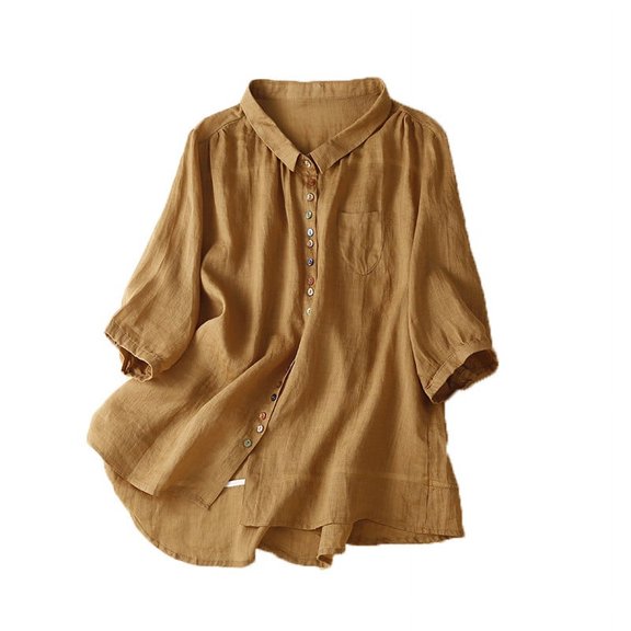 ChaoHeng Casual Blouses for Women Summer Women Vintage Colorful Button Cotton Linen Shirt Temperament Collar 3/4 Sleeve