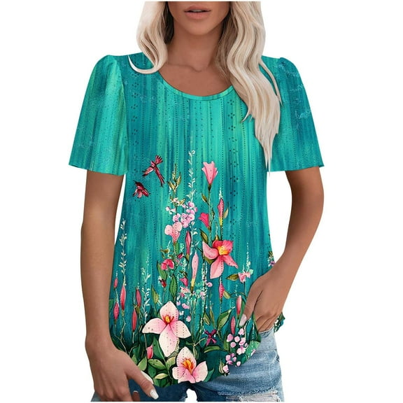 ChaoHeng Casual Blouses on Summer Blouses and Tops Women's Spring/Summer Printed Round Neck Sleeve Short Sleeve Top T-shirt