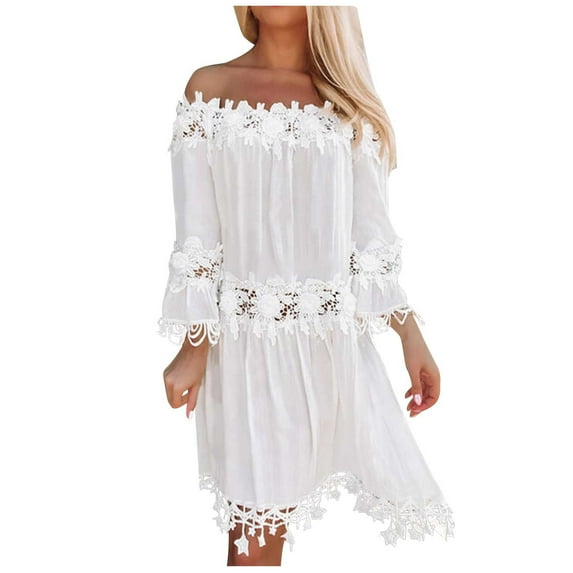 ChaoHeng Casual Dresses for Women under $15 Plus Size Dresses for Curvy Women Spring and Summer Solid Color Lace Temperament Long Skirt Long Sleeved Dress