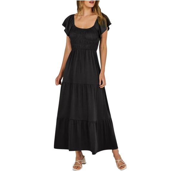 ChaoHeng Dresses for Women under $5 Short Sleeve Dresses for Women 2025 Casual Summer Women's Summer Casual Short Sleeve V Neck Smocked Elastic Waist Tiered A Line Maxi Dress with Pockets