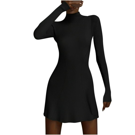 ChaoHeng Long Dresses under $5.00 Plus Size Womens Dresses for Women Women's Solid Color Striped Knitted Long Sleeved Half High Necked Dress