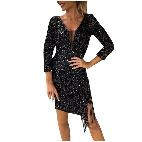 ChaoHeng Long Dresses Dresses Long Sleeve Elegant Women's Fashion Long Sleeve Sexy Sequins Tassel V-neck Irregular Self-cultivation Dress