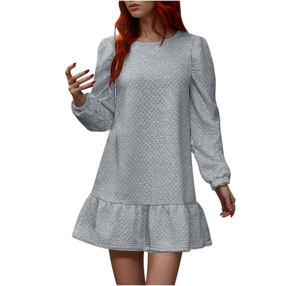 ChaoHeng Clearance Long Sleeve Dresses under 15 Dresses for Women Women's Fashionable Long Sleeved Round Neck Solid Color Dress