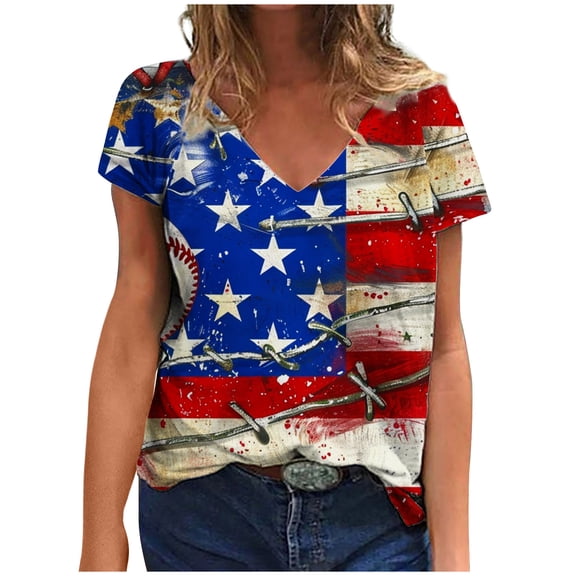 ChaoHeng Tops for Women Plus Size Summer Tops for Women Independence Day Women's Top Short Sleeved Fashionable Printed V-Neck Short Sleeved T-Shirt