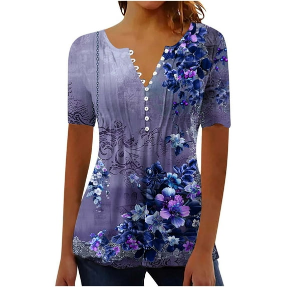 ChaoHeng Blouses for Women Short Sleeve Women's V-Neck Short Sleeve Pleated Casual Print Top