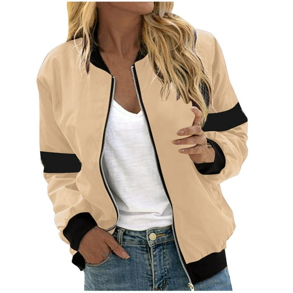 ChaoHeng Color Block Jackets for Women Plus Size 4xl,Women's Casual Fashion Solid Color Pocket Zipper Top Jacket(Beige,XXL)