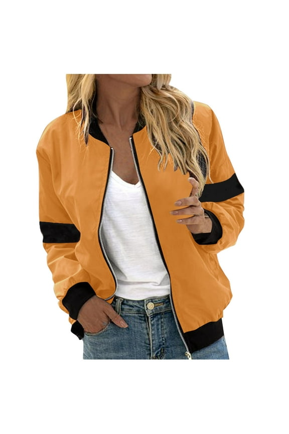 Color Block Jackets for Women Plus Size 4xl,Women's Casual Fashion Solid Color Pocket Zipper Top Jacket(Yellow,L)