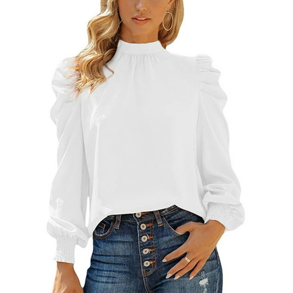 ChaoHeng Cotton Long Sleeve Shirt Women Women's Solid Puff Sleeve Top,Crewneck Casual Blouse