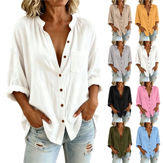 ChaoHeng Cotton Shirts for Women V Neck Cotton Shirts for Women Loose ...