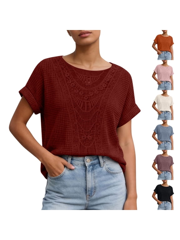 Crochet Tops for Women Crochet Tops for Women Crochet Lace Knit Crew Neck Boho Short Sleeve Casual Blouse Pink M