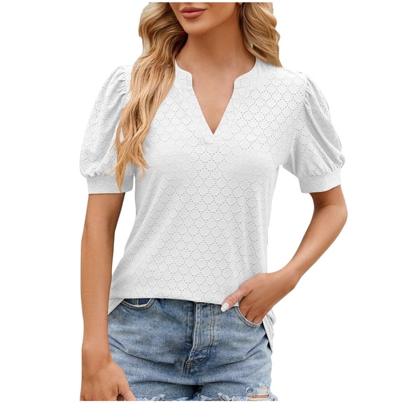 ChaoHeng Dress Casual Blouses Summer Blouses and Tops Women's Summer Solid Lace V-neck Short Sleeve Solid T-shirt Top