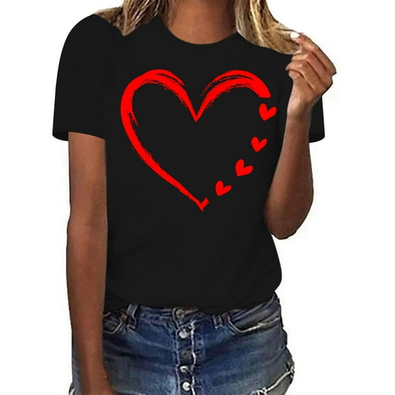 ChaoHeng Dress Casual Blouses Women Tops Spring Summer Ladies' Valentine's Day Love Printed Round Neck Short Sleeved T-Shirt Loose Casual Top