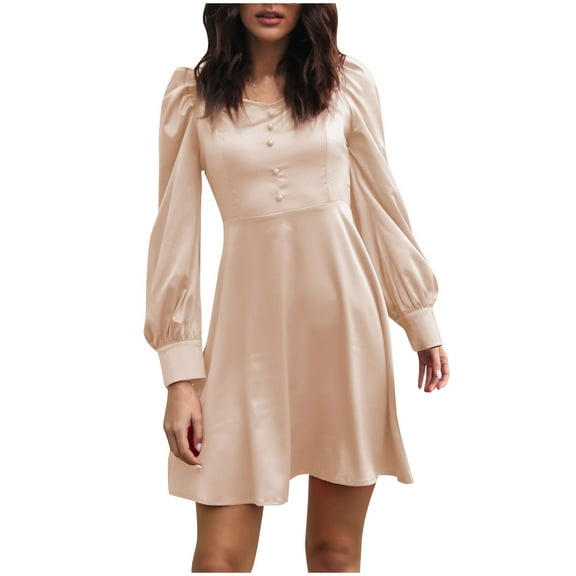 ChaoHeng Dresses Long Sleeve Fall Long Sleeve Dresses for Women 2025 Women Fashion Casual Neck Puff Sleeve French Long Sleeve Solid Color Dress