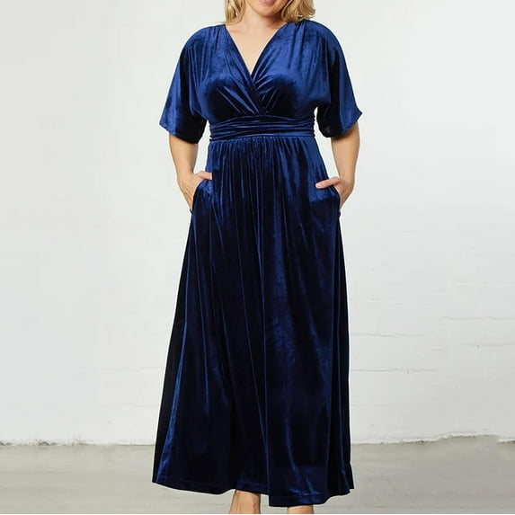 ChaoHeng Dresses for Women Elegant Summer Dresses for Women 2025 Vacation Women's Short Sleeved V-Neck Waist Cinched Solid Color Velvet Long Skirt Dress