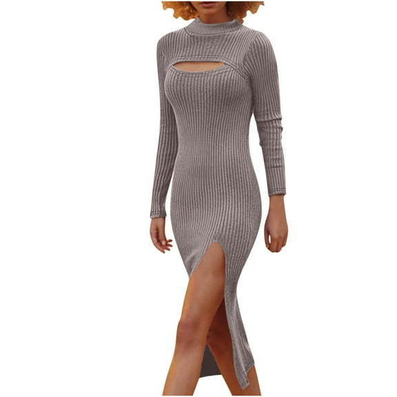 ChaoHeng Dresses for Women Long Sleeve Dresses Long Sleeve Casual Ladies' Hollow Solid Color Slim Slit Long Sleeved Round Neck High Neck Hip Hugging Dress