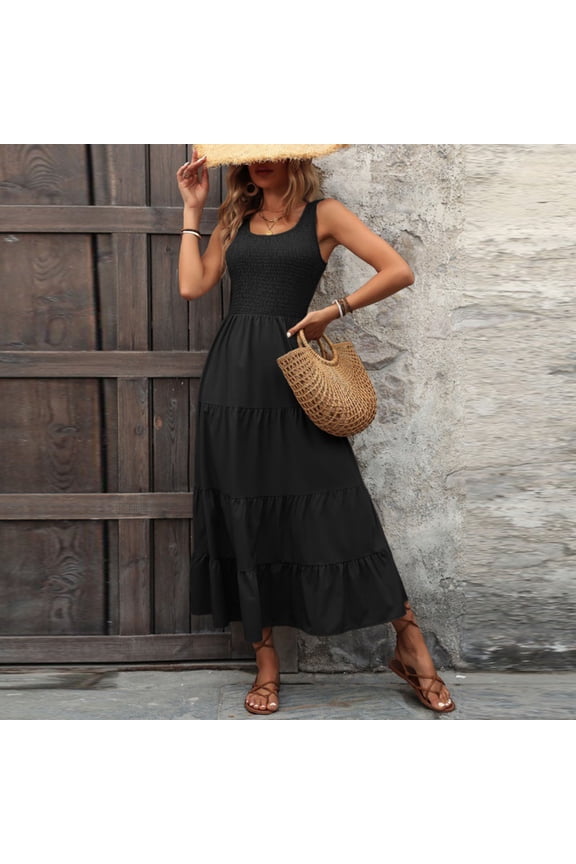 Dresses for Women 2025 Elegant Classy Women's A-Line Slip Dress Ruffled Hem Round Neck, Sleeveless Solid Color,Black S