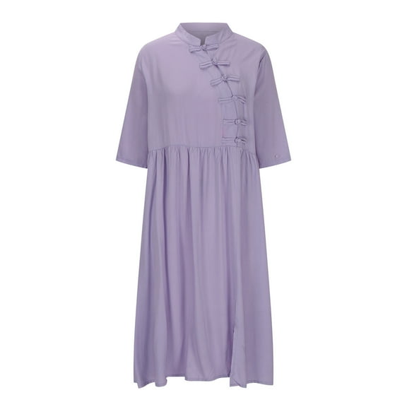 ChaoHeng Dresses for Women Long Sleeve Trendy Dresses for Women 2025 Fall Women Solid Color Stand Up Collar Quarter Sleeve Buckle Flowing Dress