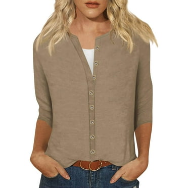 ChaoHeng Fall 2024 Savings on Plus Size Tops,Women's Fashion Solid Color Loose T-shirt 3/4 Sleeves Blouse Round Neck Buttons Tops,Khaki,S