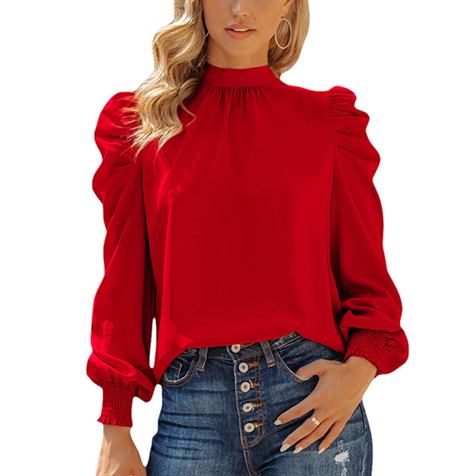 ChaoHeng Fall Tops for Women Women's Solid Puff Sleeve Top,Crewneck