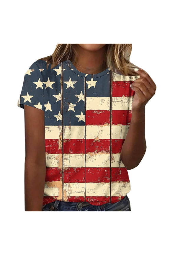 Going Out Tops for Women Women's Loose Fit Trendy Patriotic Printed Round Neck Short Sleeve Tee Khaki L