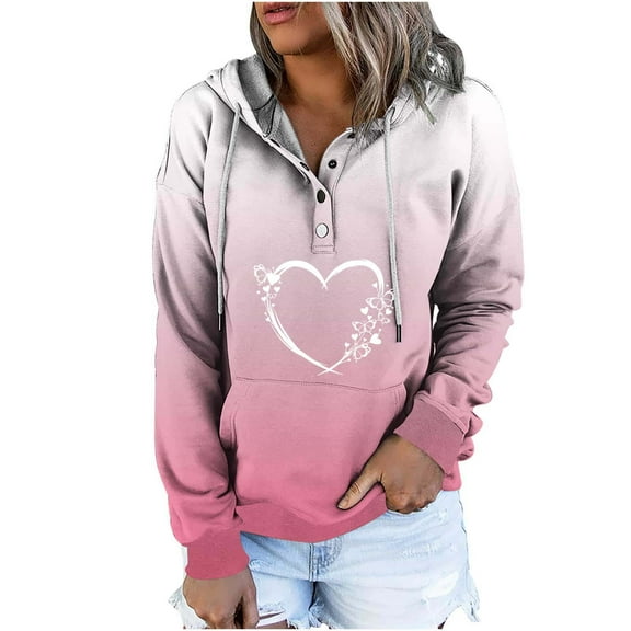 ChaoHeng Graphic Sweatshirts Women Save Up Under 50%,Women's Print Gradient Color Loose Long Sleeve Button Hoodie Sweater Top(Pink,XL)