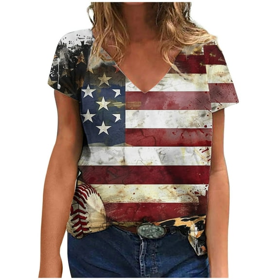 ChaoHeng Ladies Blouses under $10 Trendy Blouse Plus Size Independence Day Women's Top Short Sleeved Fashionable Printed V-Neck Short Sleeved T-Shirt