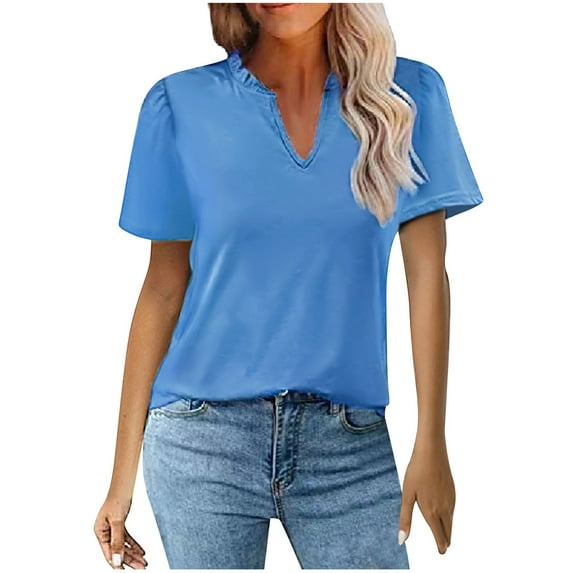 ChaoHeng Ladies Blouses Short Sleeve Summer Blouses for Women Deals Fashion Women Casual Solid Pullover V-Neck Short Sleeve T-Shirt Tops Blouse
