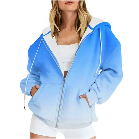 ChaoHeng Ladies Coats Clearance Winter Coats Winter,Women's Casual Printed Zippered Long Sleeved Hooded Sweater Jacket Top,Light Blue,XXXL
