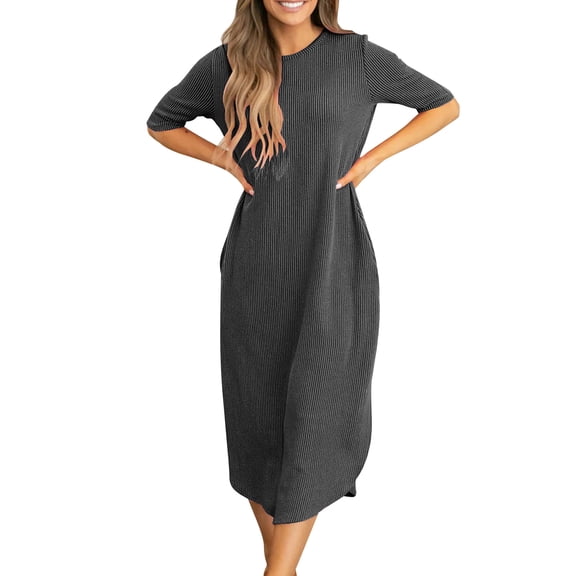 ChaoHeng Ladies Dresses $5 Short Sleeve Dresses for Women 2025 Casual Summer European and Short Sleeved Solid Color Pocket Dress Short Sleeved Round Neck and Ankle Dress
