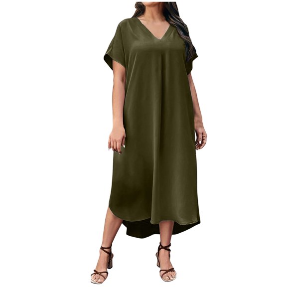 ChaoHeng Ladies Dresses Plus Size Summer Dresses for Women 2025 Vacation Ladies Casual V-Neck Short Sleeve Irregular Hem Dress