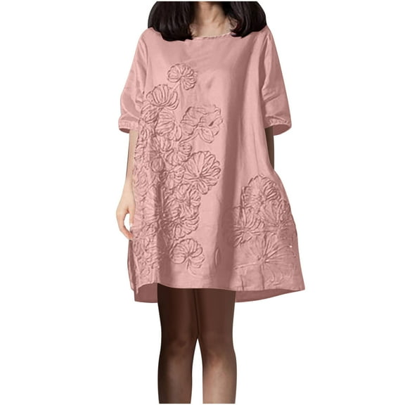 ChaoHeng Ladies Dresses Plus Size Summer Dresses for Women 2025 Vacation Women Solid Color Embroidered Round Neck Short Sleeved and Linen Dress