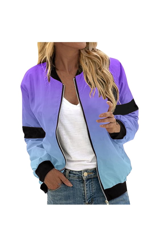 Ladies Jackets Lightweight Petite Clearance 2024,Women's Casual Fashion Gradient Pocket Zipper Top Jacket(Blue,XXL)