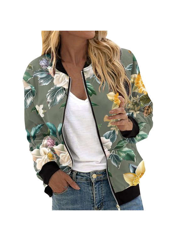 Ladies Jackets Lightweight Petite Save Up Under 50%,Women's Casual Fashion Printed Pocket Zippered Coat(Army Green,XXL)