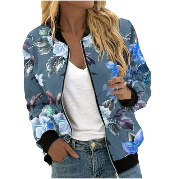 ChaoHeng Ladies Jackets Lightweight Petite Save Up Under 50%,Women's Casual Fashion Printed Pocket Zippered Coat(Blue,S)