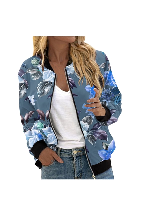 Ladies Jackets Lightweight Petite Save Up Under 50%,Women's Casual Fashion Printed Pocket Zippered Coat(Blue,XXL)