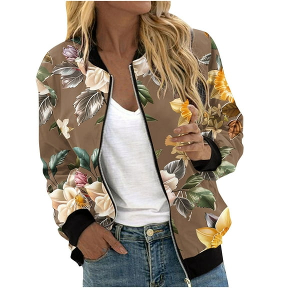 ChaoHeng Ladies Jackets Lightweight Petite Save Up Under 50%,Women's Casual Fashion Printed Pocket Zippered Coat(Brown,XXXXL)